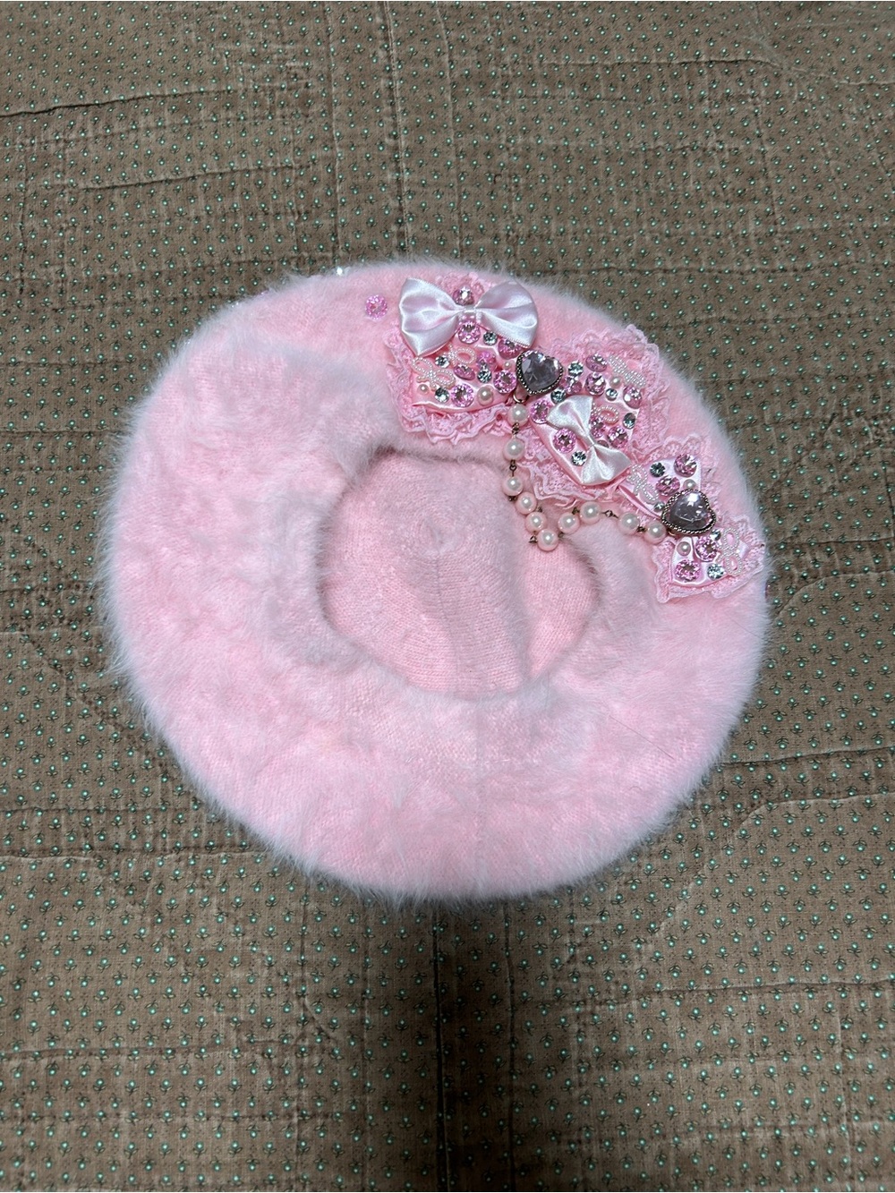 Pink Faux Fur Beret with Bow & Pearl Detail